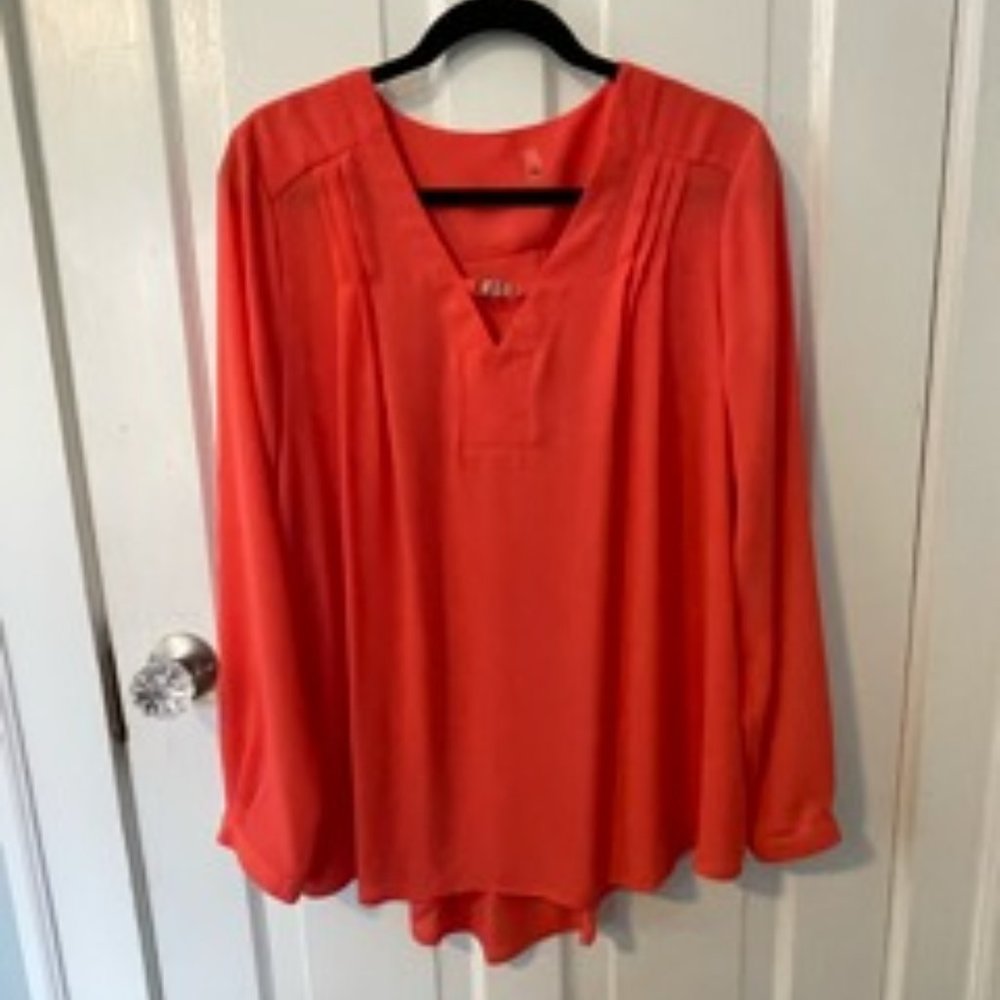 Long Sleeve Coral Blouse with shoulder pleats silver detail V Neck Size XL
